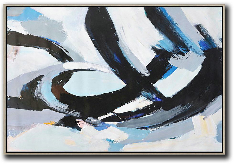 Original Artwork Extra Large Abstract Painting,Horizontal Palette Knife Contemporary Art,Xl Large Canvas Art Grey,White,Black,Blue